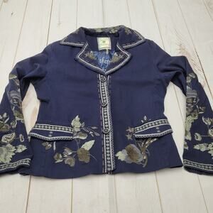 Paparazzi floral heavily embroidered blazer jacket collared navy blue
